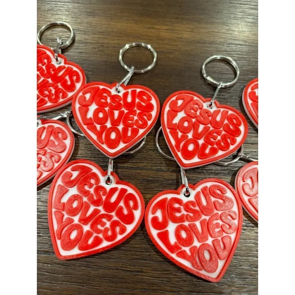 Jesus Loves You Heart Keychain | Red White Retro Christian Faith Gift (10 Pack)
